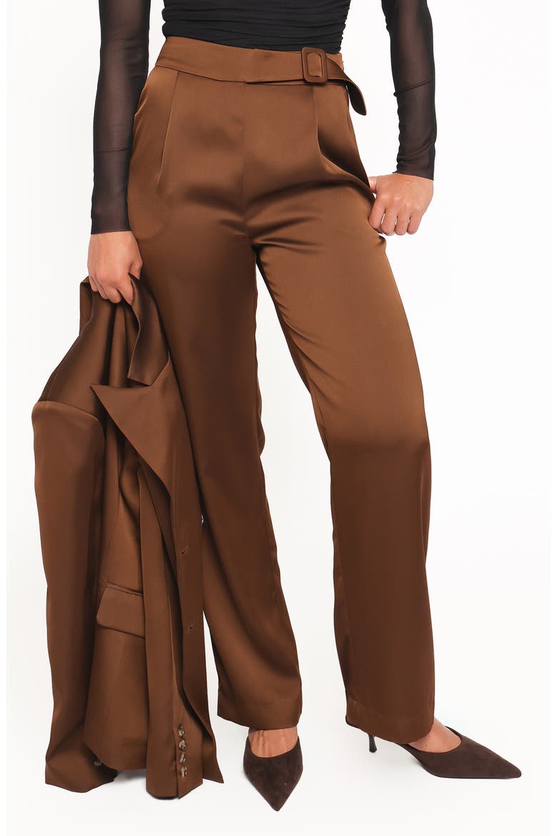 Trina Belted Satin Pants, Main, color, BROWN