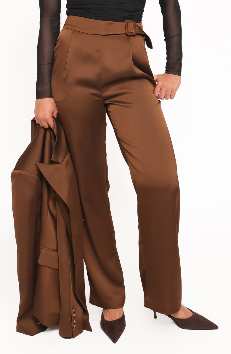 Petal & Pup Trina Belted Satin Pants, Main, color, Brown