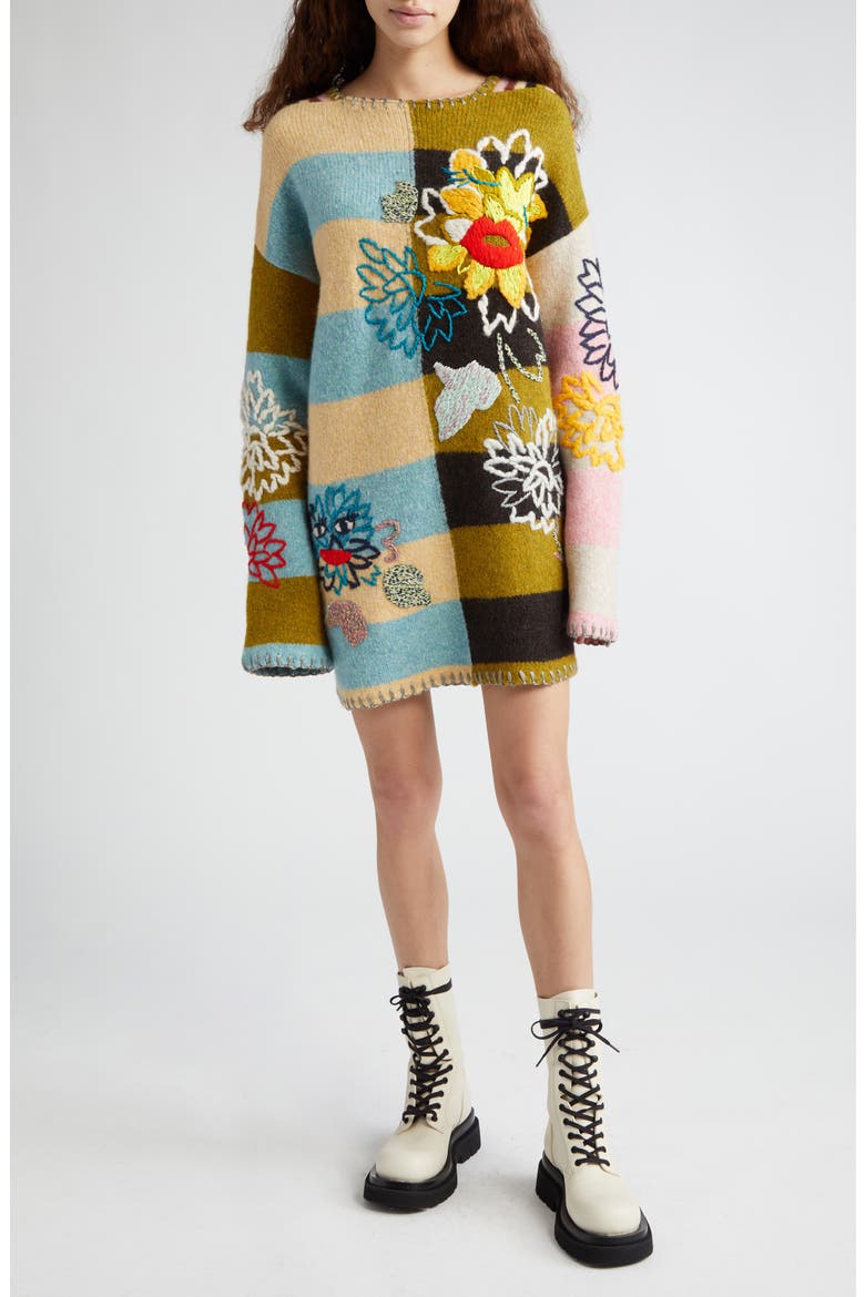 Chryssy Kissy Embroidered Long Sleeve Wool Blend Sweater Dress, Main, color, SKY/ OLIVE