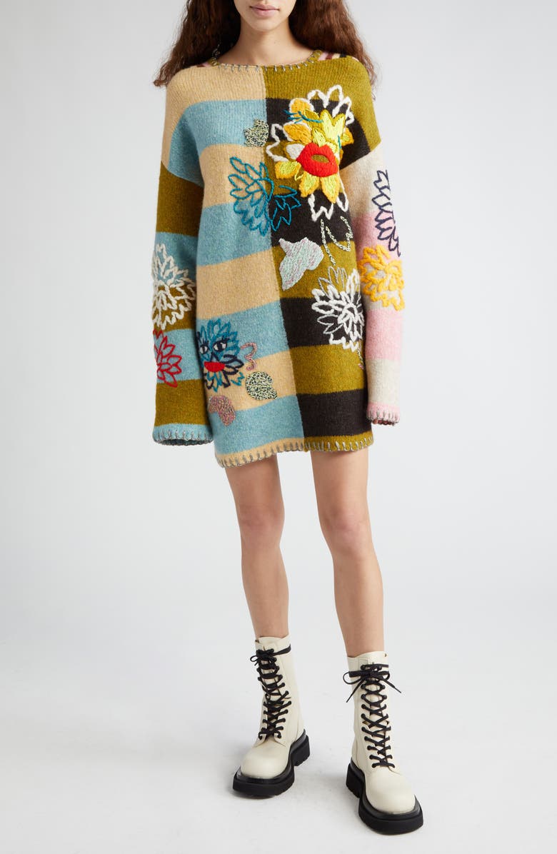 YanYan Chryssy Kissy Embroidered Long Sleeve Wool Blend Sweater Dress, Main, color, 