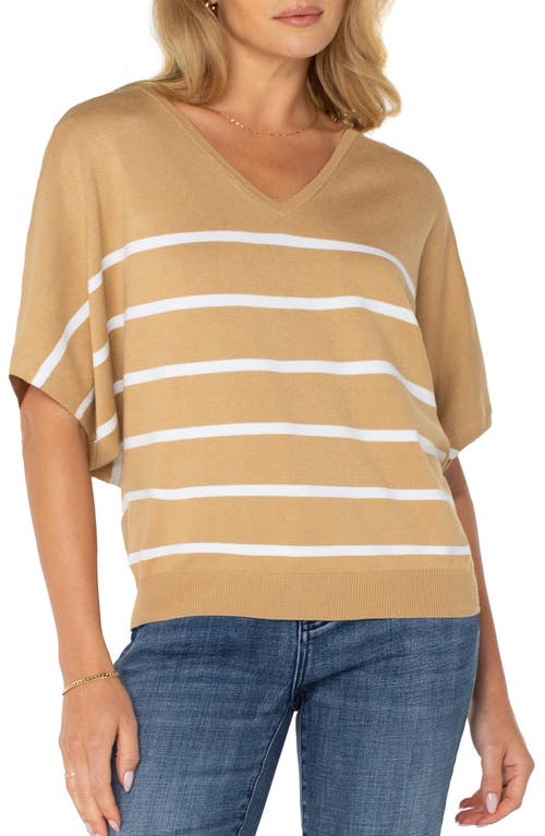 Liverpool Los Angeles Stripe V-neck Dolman Sleeve Sweater In Tan White Strpe