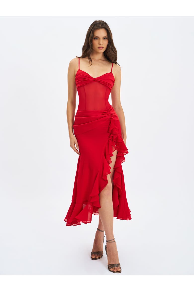 Dahlina Ruched Waist High Slit Maxi Dress, Alternate, color, Red