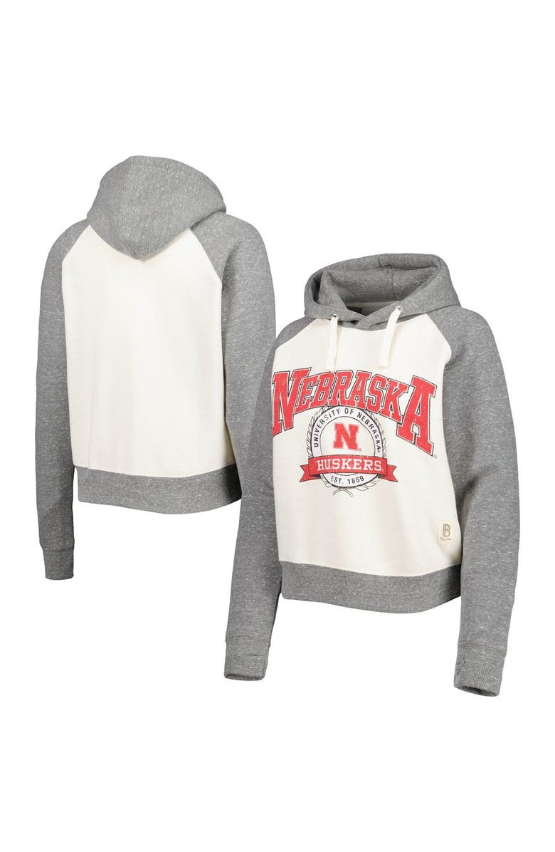 PRESSBOX Women's Pressbox Cream/Heather Gray Nebraska Huskers Cody Tri-Bend Raglan Pullover Hoodie, Main, color,