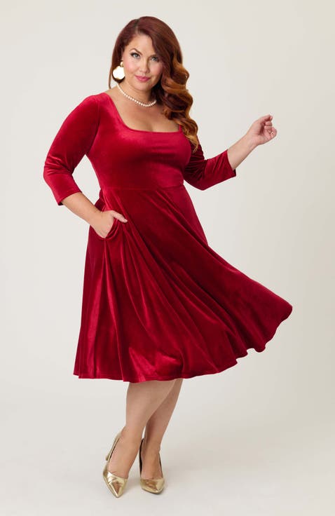 Plus Size Square Neck Pleated Swing Dress