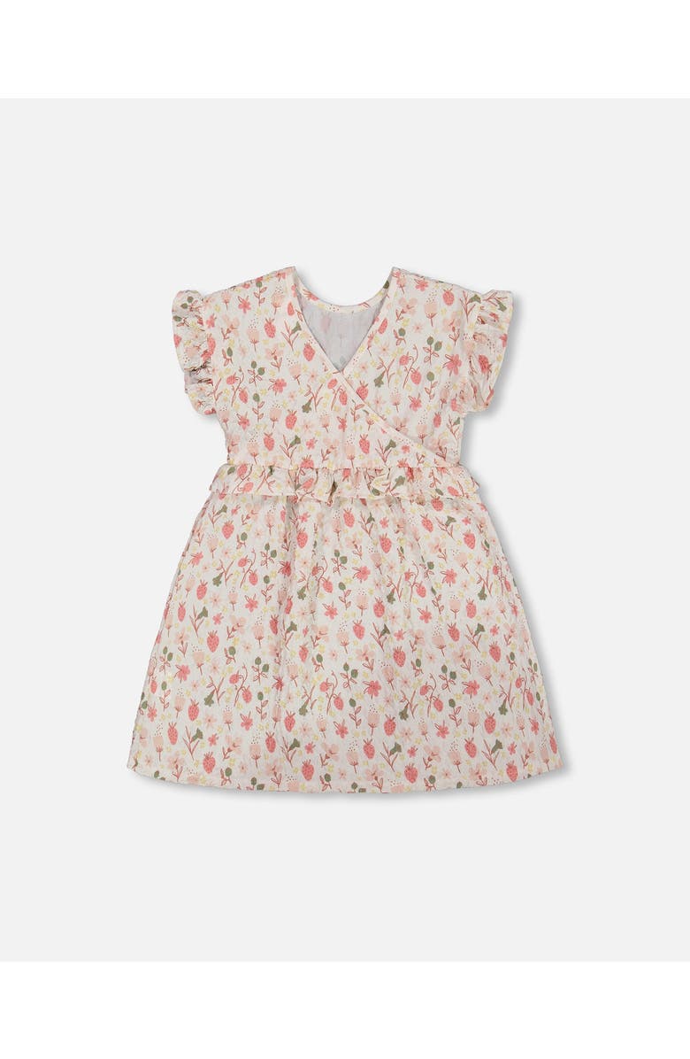 Deux par Deux Little Girl's Printed Seersucker Dress With Frill Pink Flowers On Cream Background, Alternate, color, Pink Flowers On Cream