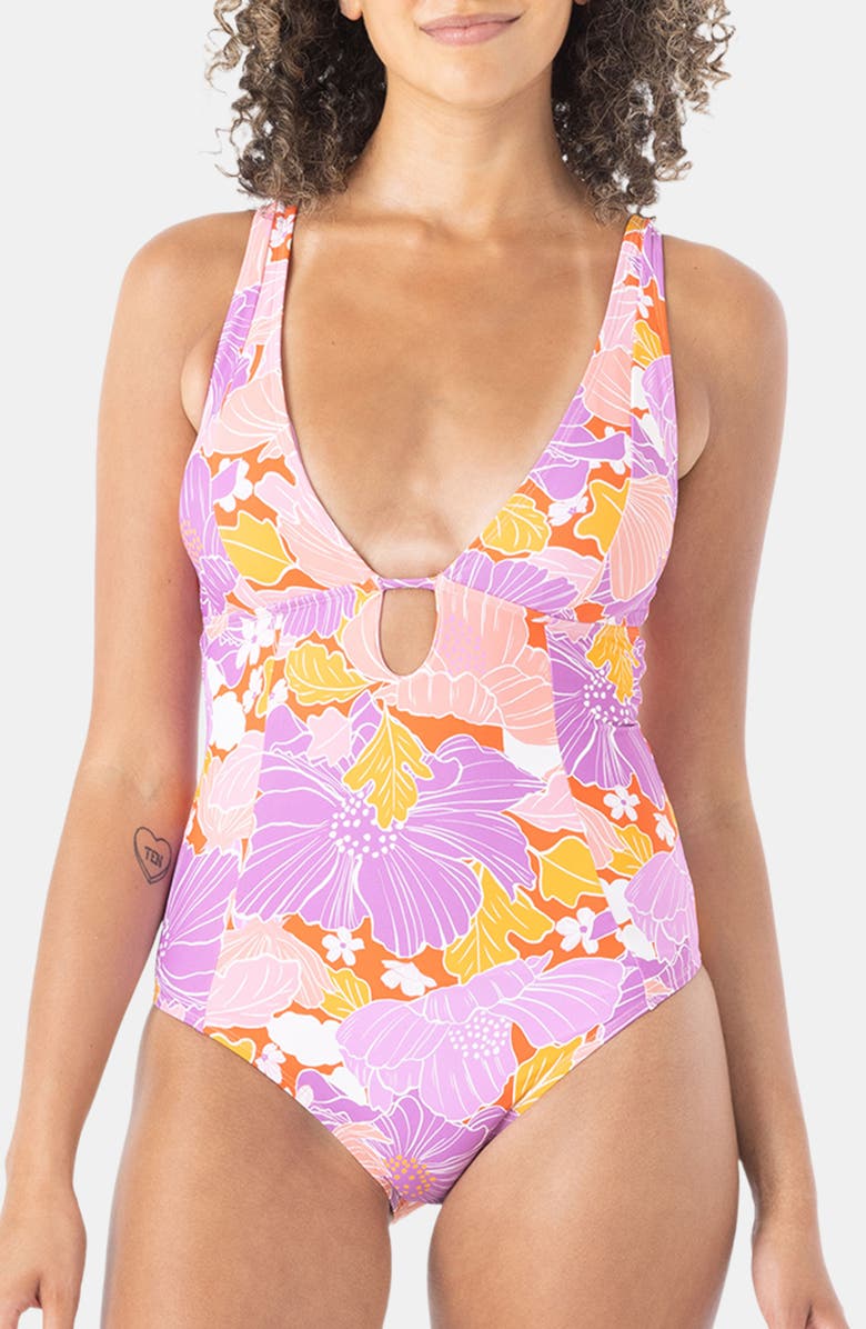 Roxy Bell Bottoms Plunge One-Piece Swimsuit, Main, color, 