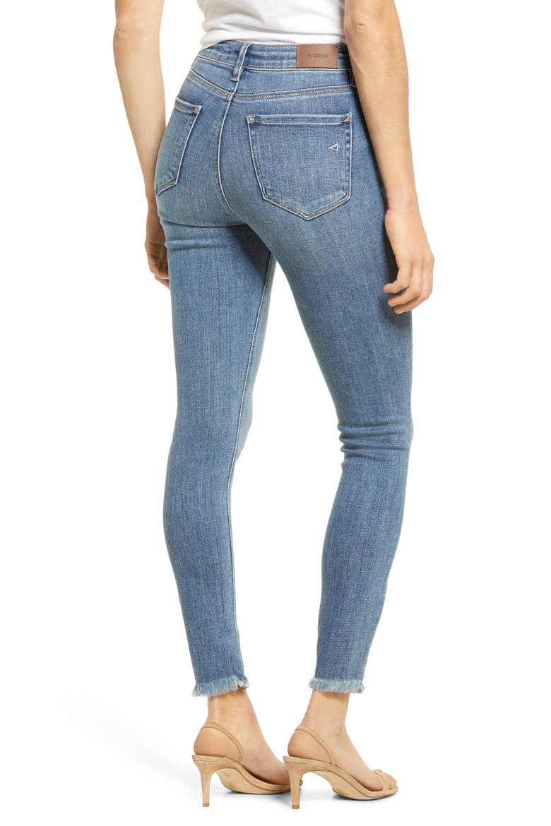 High Waist Fray Hem Stretch Ankle Skinny Jeans, Alternate, color, DARK WASH