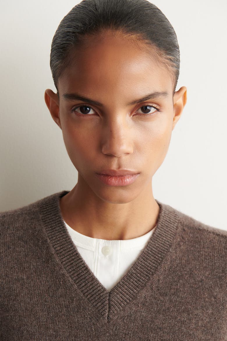 Sculpted Pure Cashmere V-neck Sweater, Alternate, color, BROWN MÉLANGE