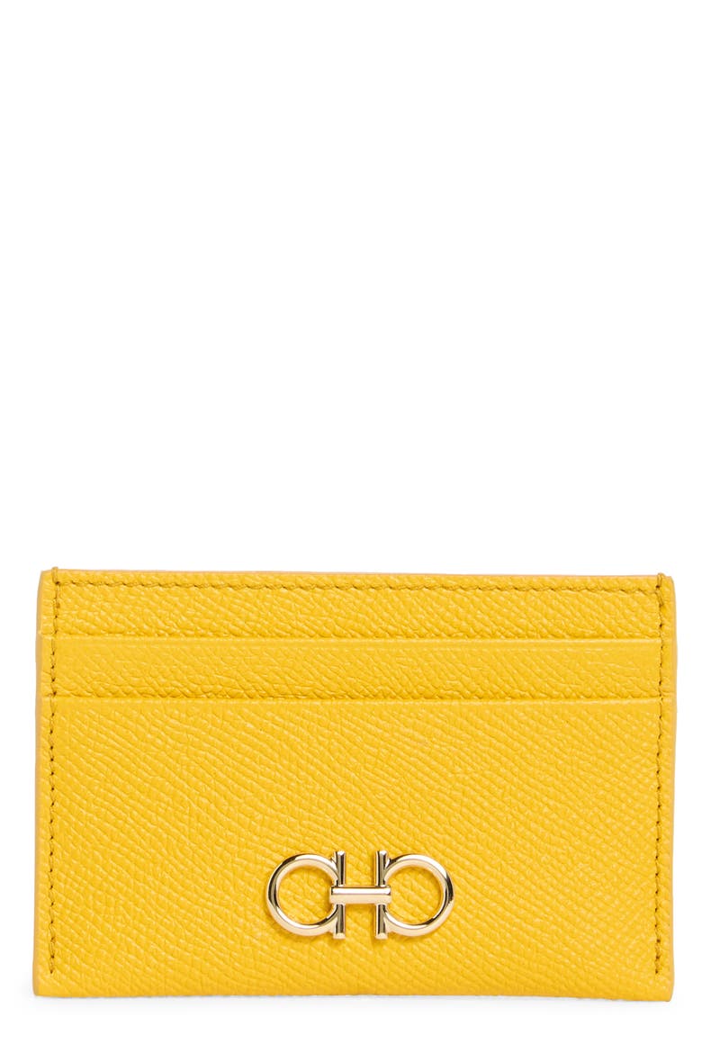 Double Gancio Leather Card Holder, Main, color, SUNSHINE YELLOW