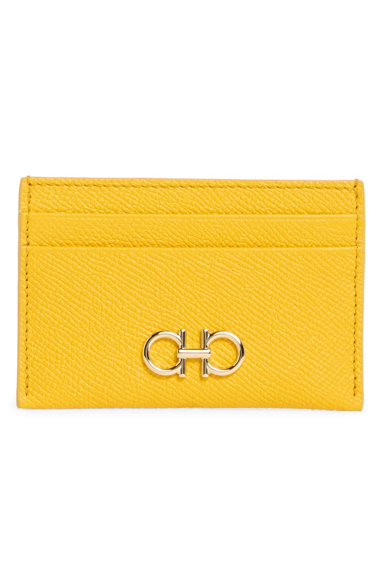 FERRAGAMO Double Gancio Leather Card Holder, Main, color, Sunshine Yellow