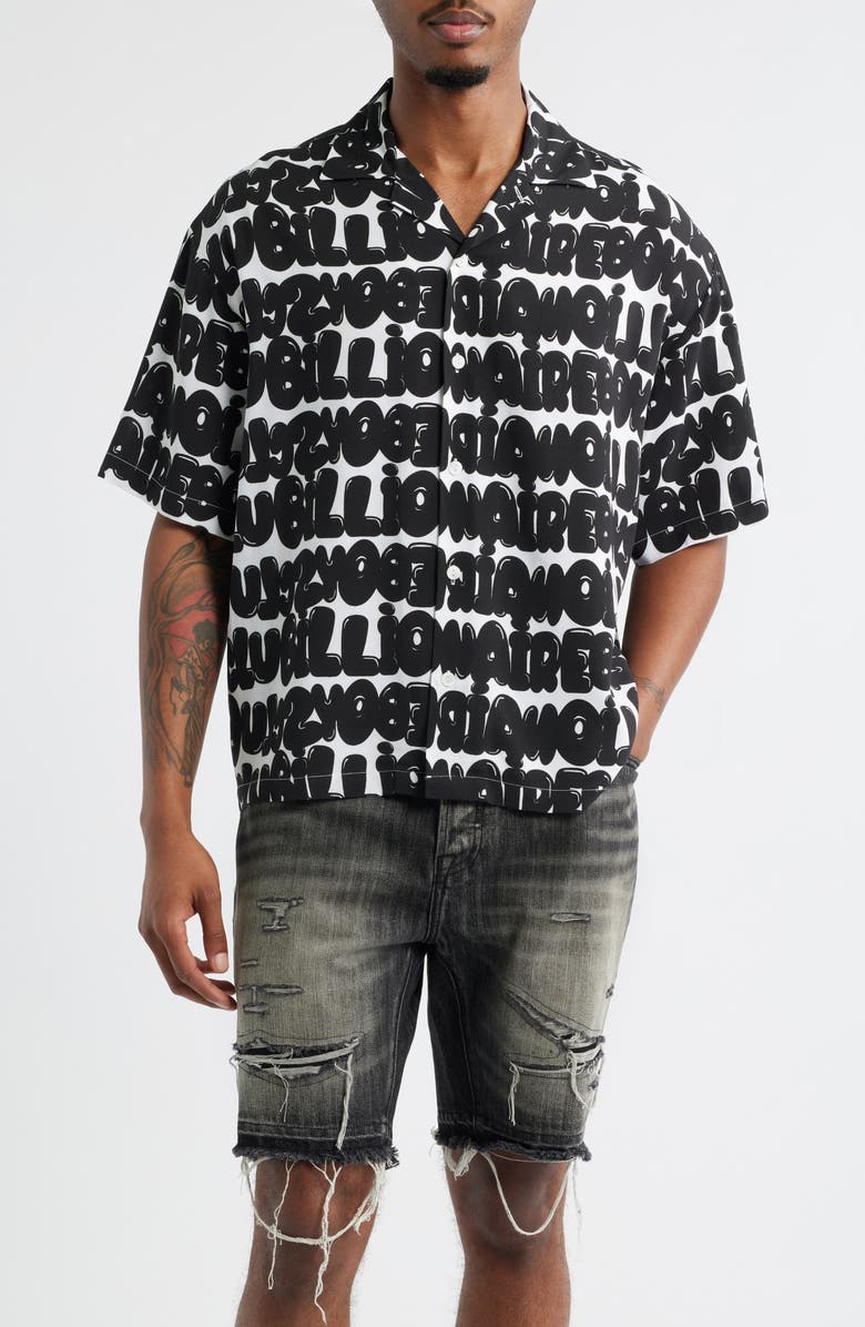 Billionaire Boys Club BB Billi Allover Logo Print Camp Shirt, Main, color, White