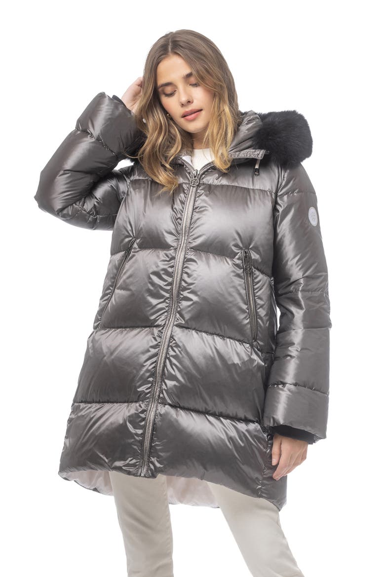 Apres-Ski Horizontal Jacket With Detachable Genuine Shearling Hood Trim, Alternate, color, GREIGE/BLACK