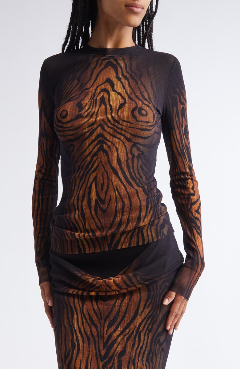 Jean Paul Gaultier Stripe Long Sleeve Mesh Top, Main, color, Black/ Brown