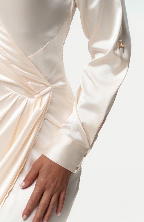 Jluxlabel Front Wrap Long Sleeve Satin Maxi Dress In Neutral