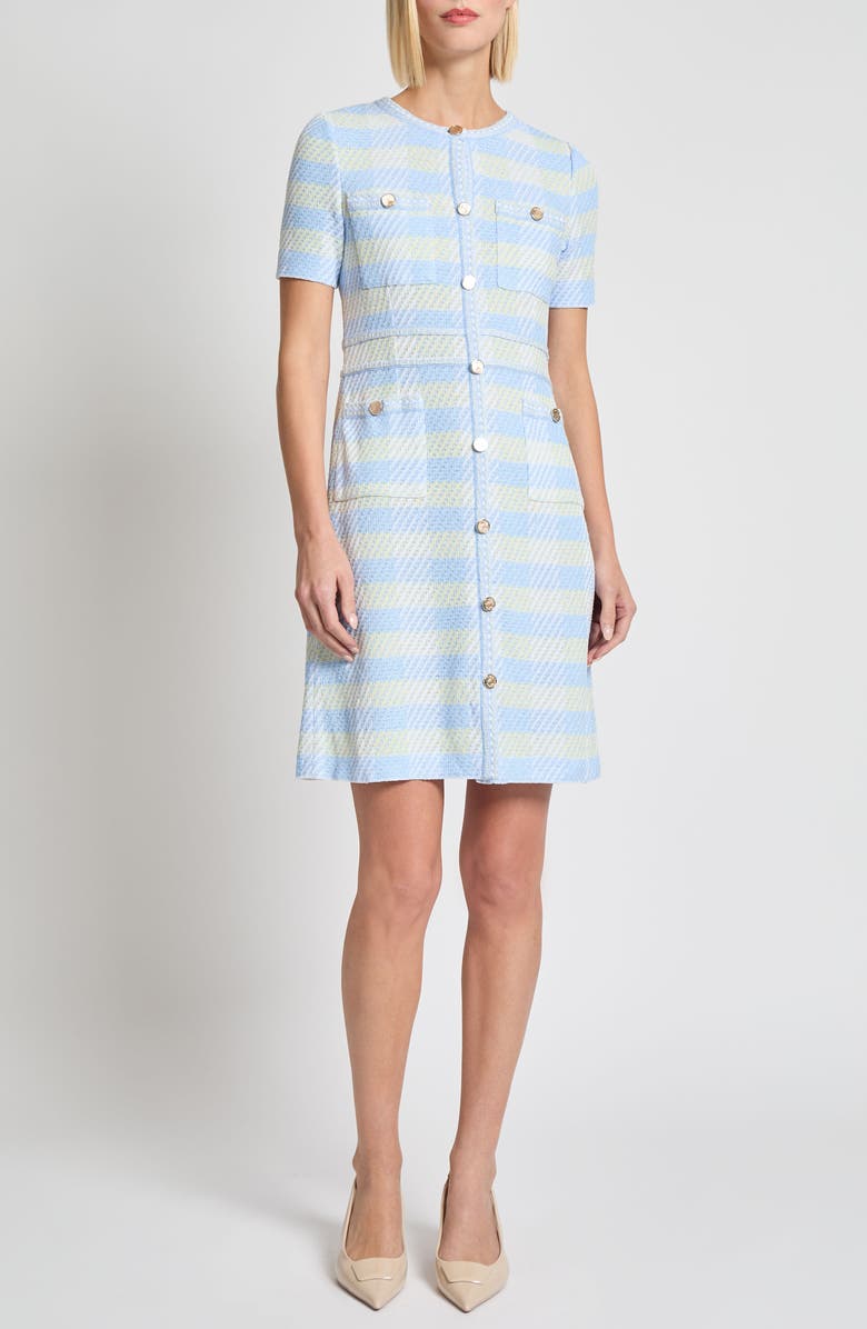 Misook Modern Fit Tweed Sheath Dress, Main, color, Artic/ Butterfield/ White