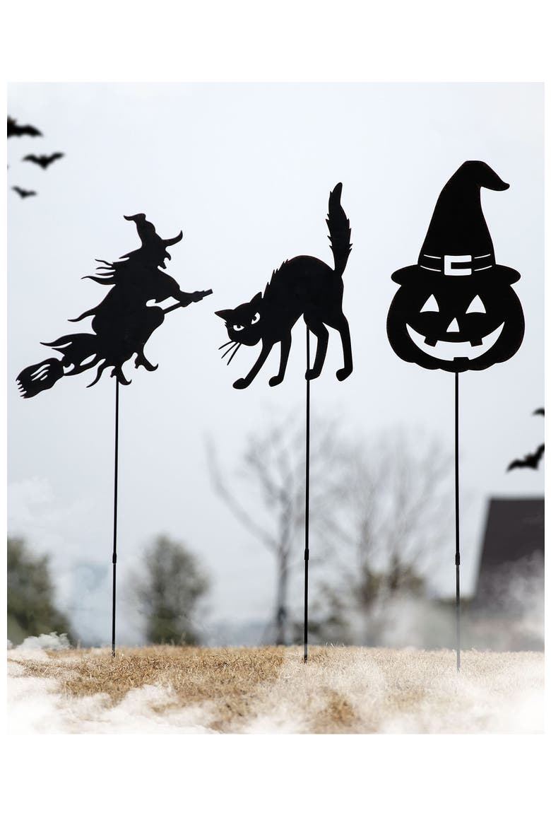Set of 3 Halloween Metal Silhouette Yard Stake or Hanging Decor, Alternate, color, Black