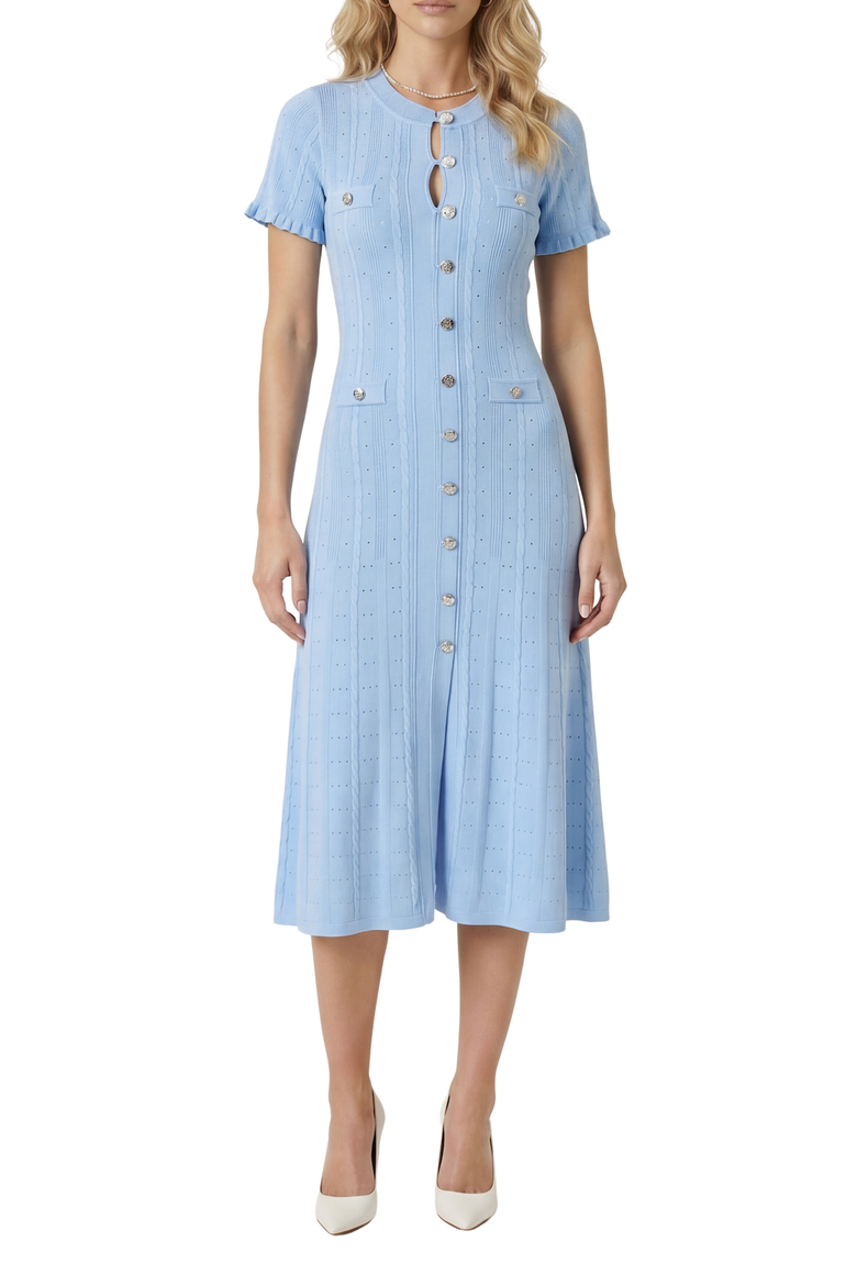 Button Front Knit Short Sleeve Midi Dress, Alternate, color, Blue