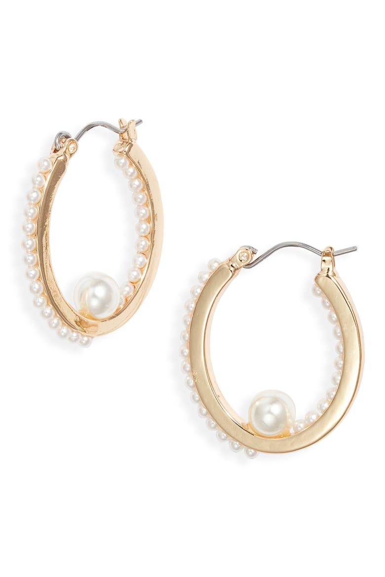 Nested Faux Pearl Hoop Earrings, Main, color, WHITE- GOLD