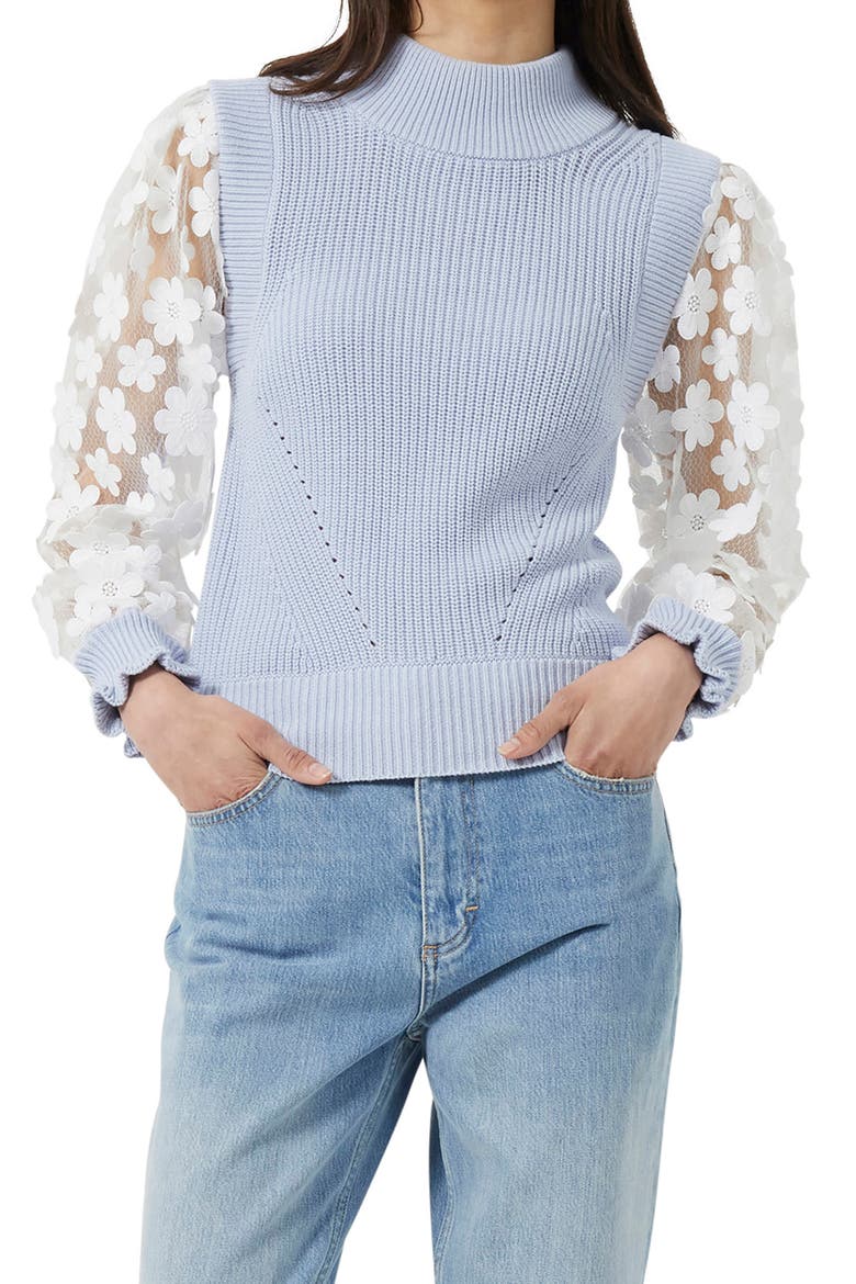 Juri Mozart Rib Sheer Sleeve Turtleneck, Main, color, CRYSTAL CLEAR/ WHITE