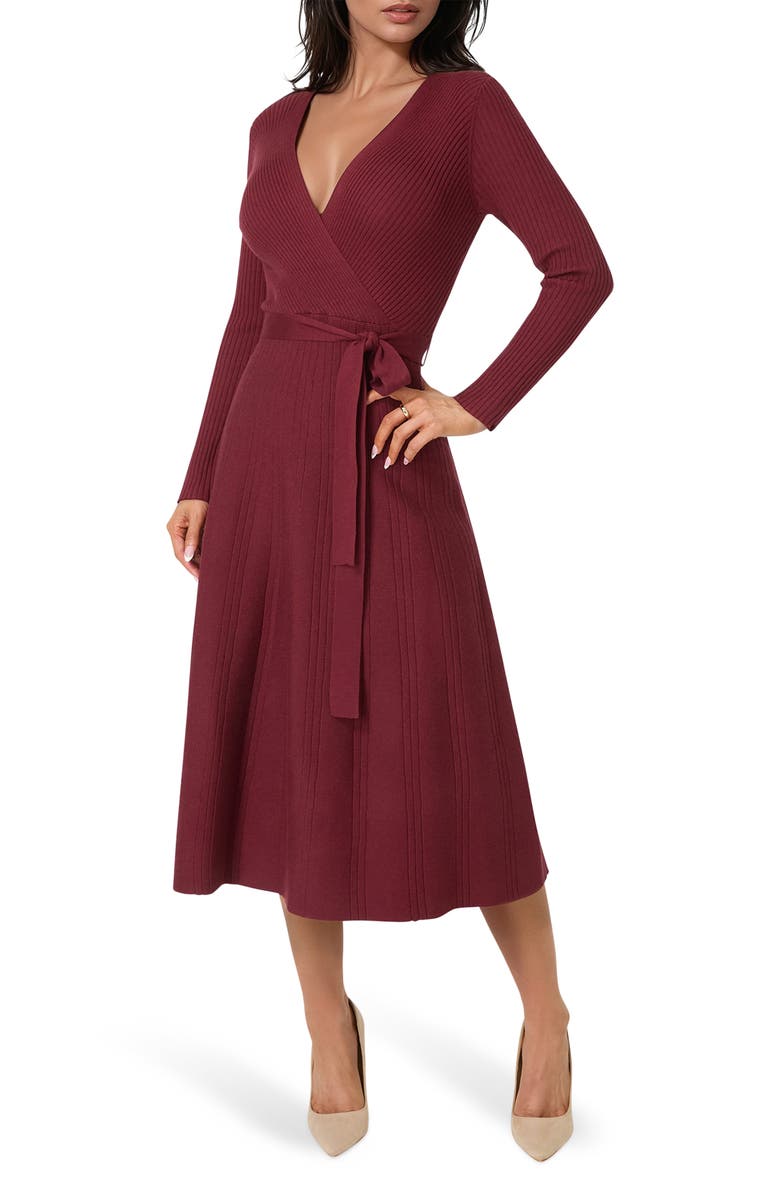 bebe Surplice V-Neck Fit & Flare Sweater Dress, Main, color, Wine