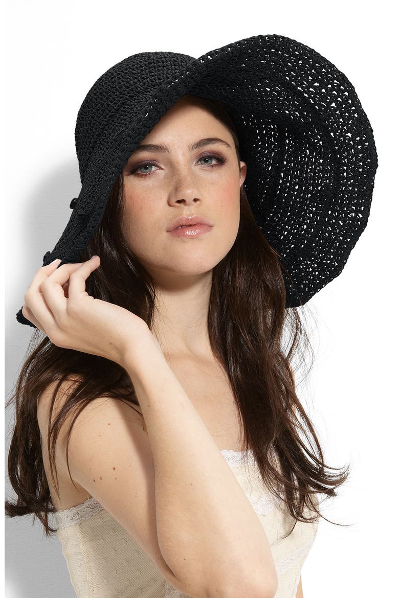 Crochet Floppy Straw Hat, Main, color, BLACK