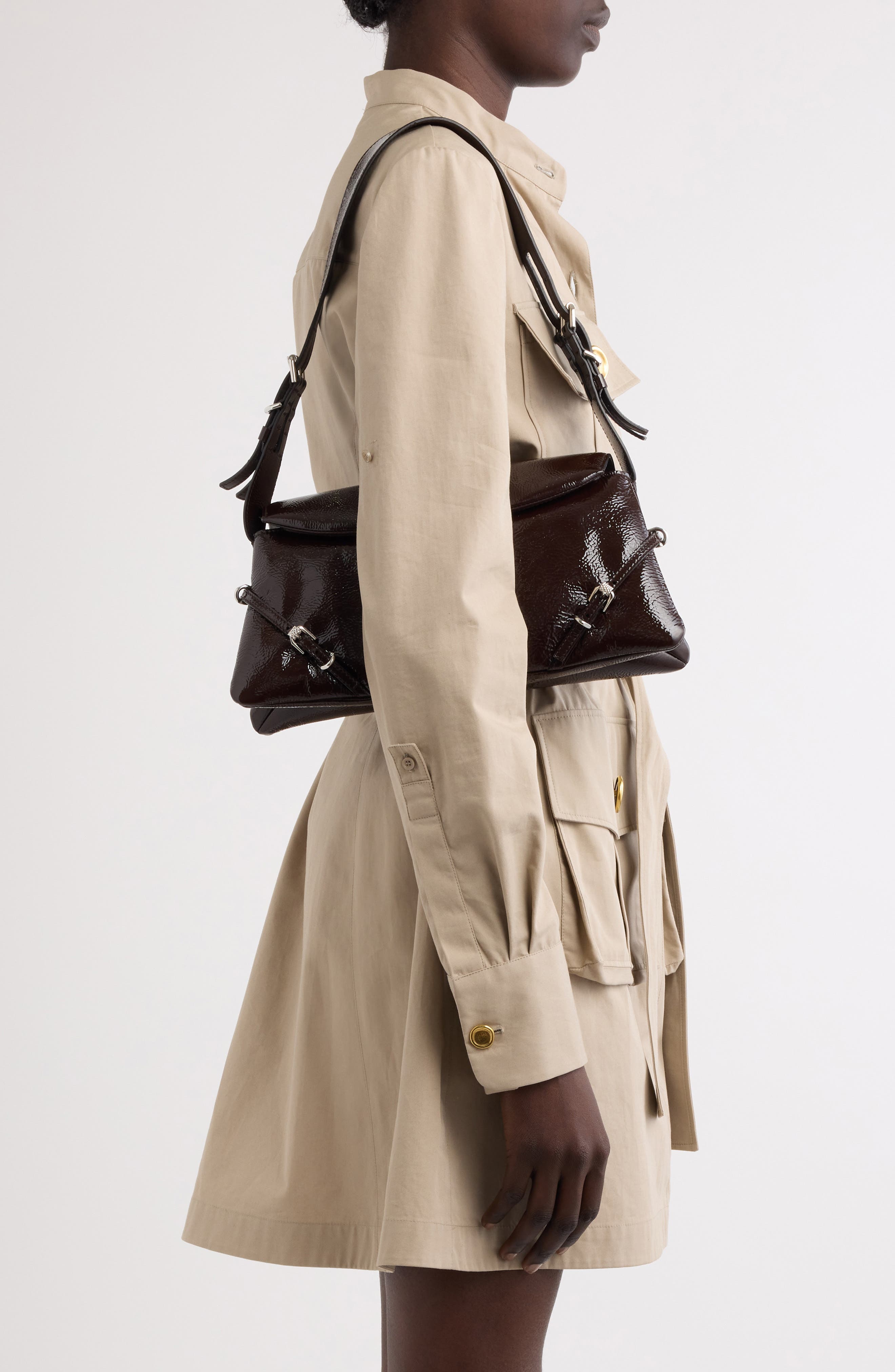 Small Voyou Patent Leather Shoulder Bag, Alternate, color, EBONY BROWN
