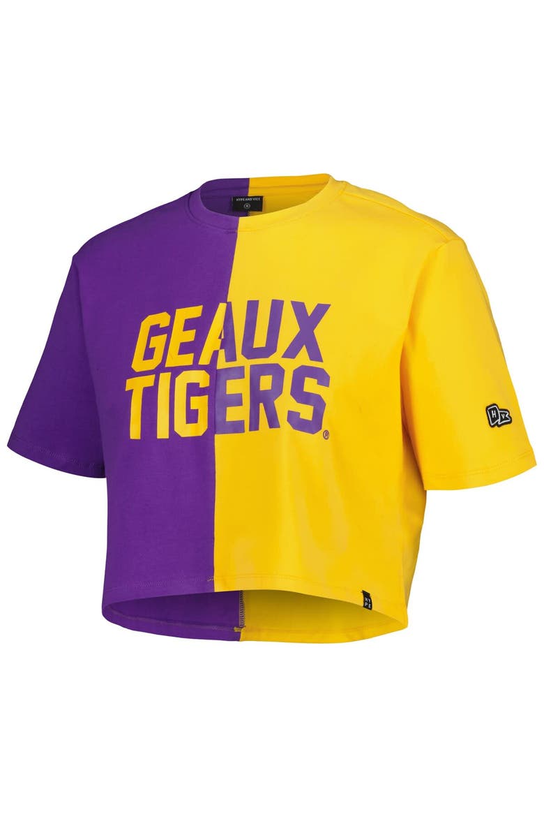 Women's Hype and Vice Purple/Gold LSU Tigers Color Block Brandy Cropped T-Shirt, Alternate, color, Purple