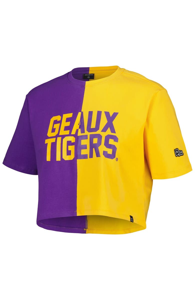 Hype and Vice Women's Hype and Vice Purple/Gold LSU Tigers Color Block Brandy Cropped T-Shirt, Alternate, color,