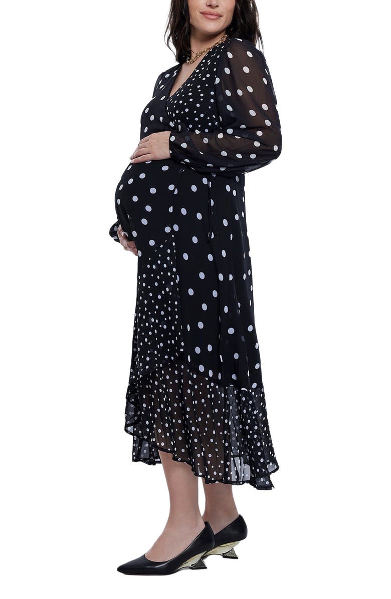 MOTHERHOOD MATERNITY Puff Sleeve Ruffle Midi Maternity Dress, Alternate, color, Mixed Dot