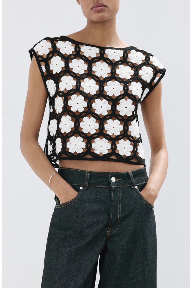 Flower Embellished Openwork Sweater, Main, color, BLACK