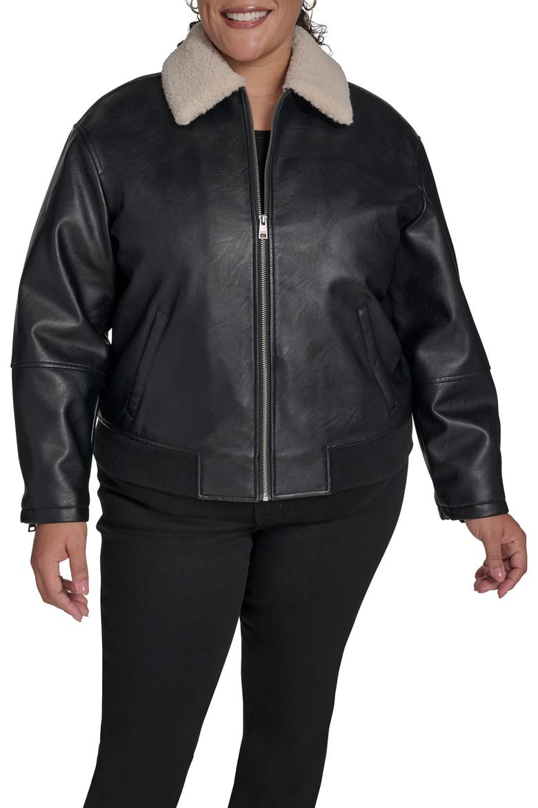 Faux Leather Bomber Jacket with Faux Shearling Collar, Main, color, BLACK
