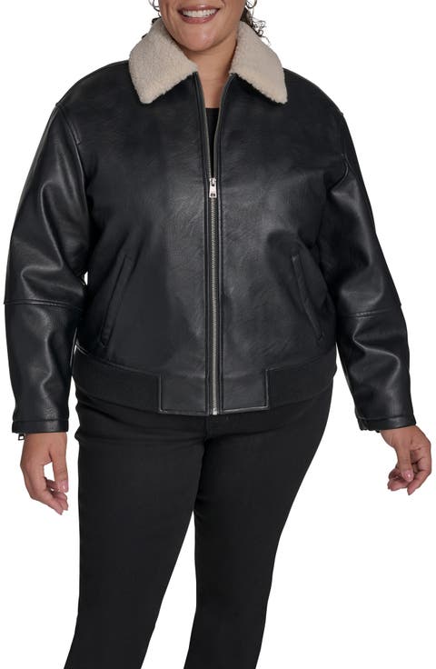 Faux Leather Bomber Jacket with Faux Shearling Collar (Plus)