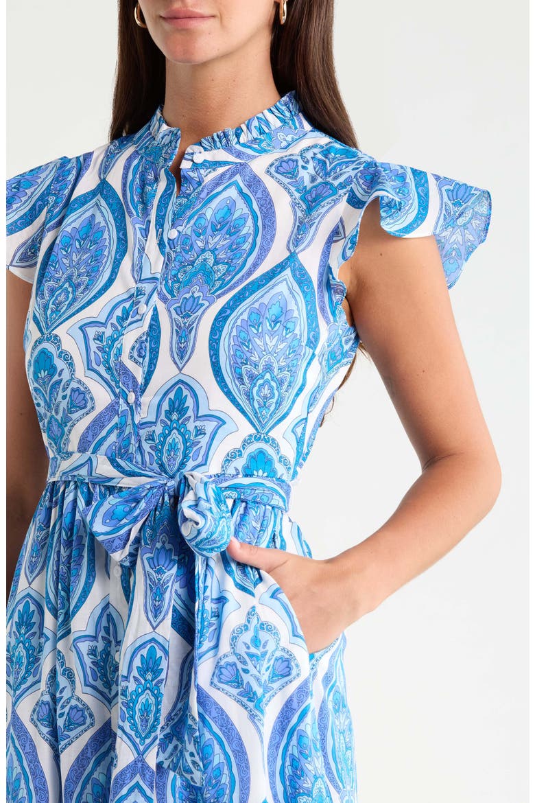 Riah Print Belted Cotton Button-Up Maxi Dress, Alternate, color, WHITE-BLUES-COMBO