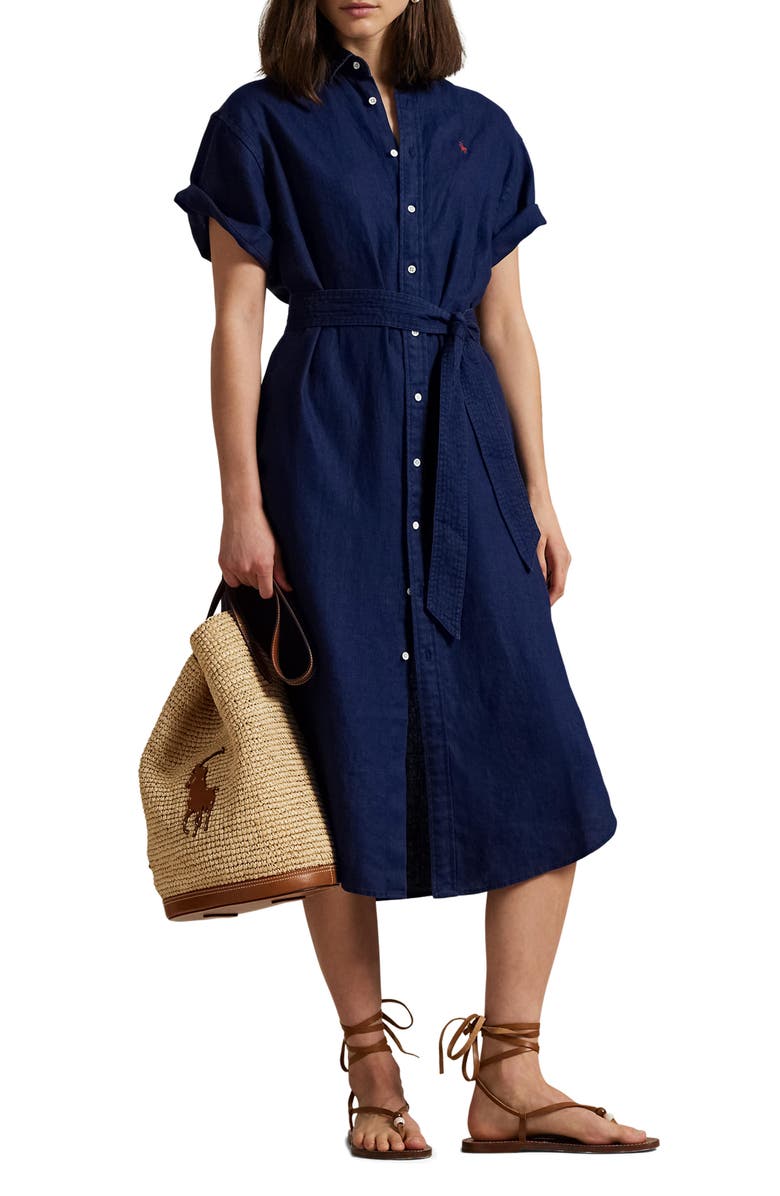 Polo Ralph Lauren Short Sleeve Belted Linen Shirtdress, Main, color, 