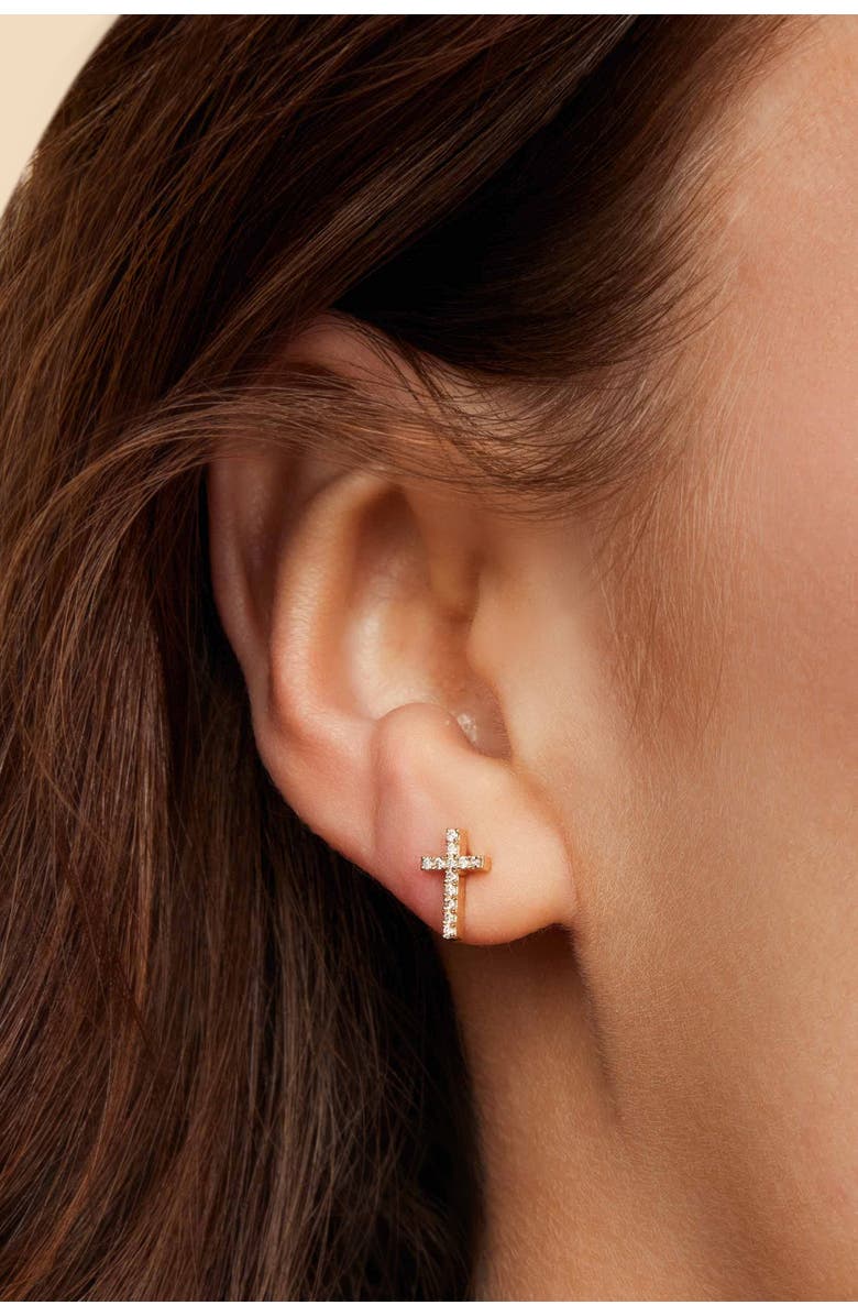 Oradina 14K Yellow Gold Faith Diamond Studs, Alternate, color, Yellow Gold