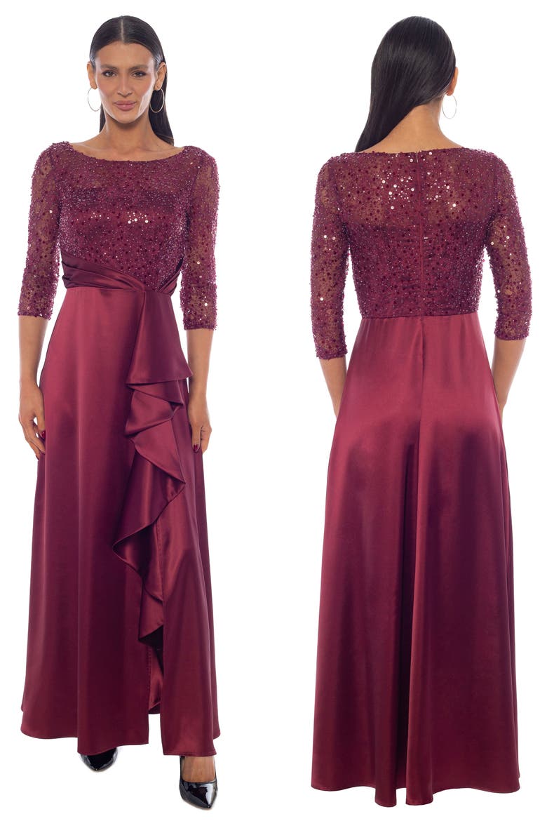 Sequined Lace & Satin Maxi Gown, Alternate, color, WINE