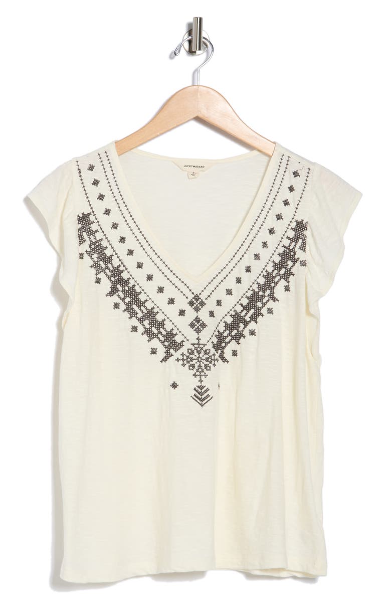 Lucky Brand Embroidered Flutter Sleeve Cotton Top, Alternate, color, Tofu