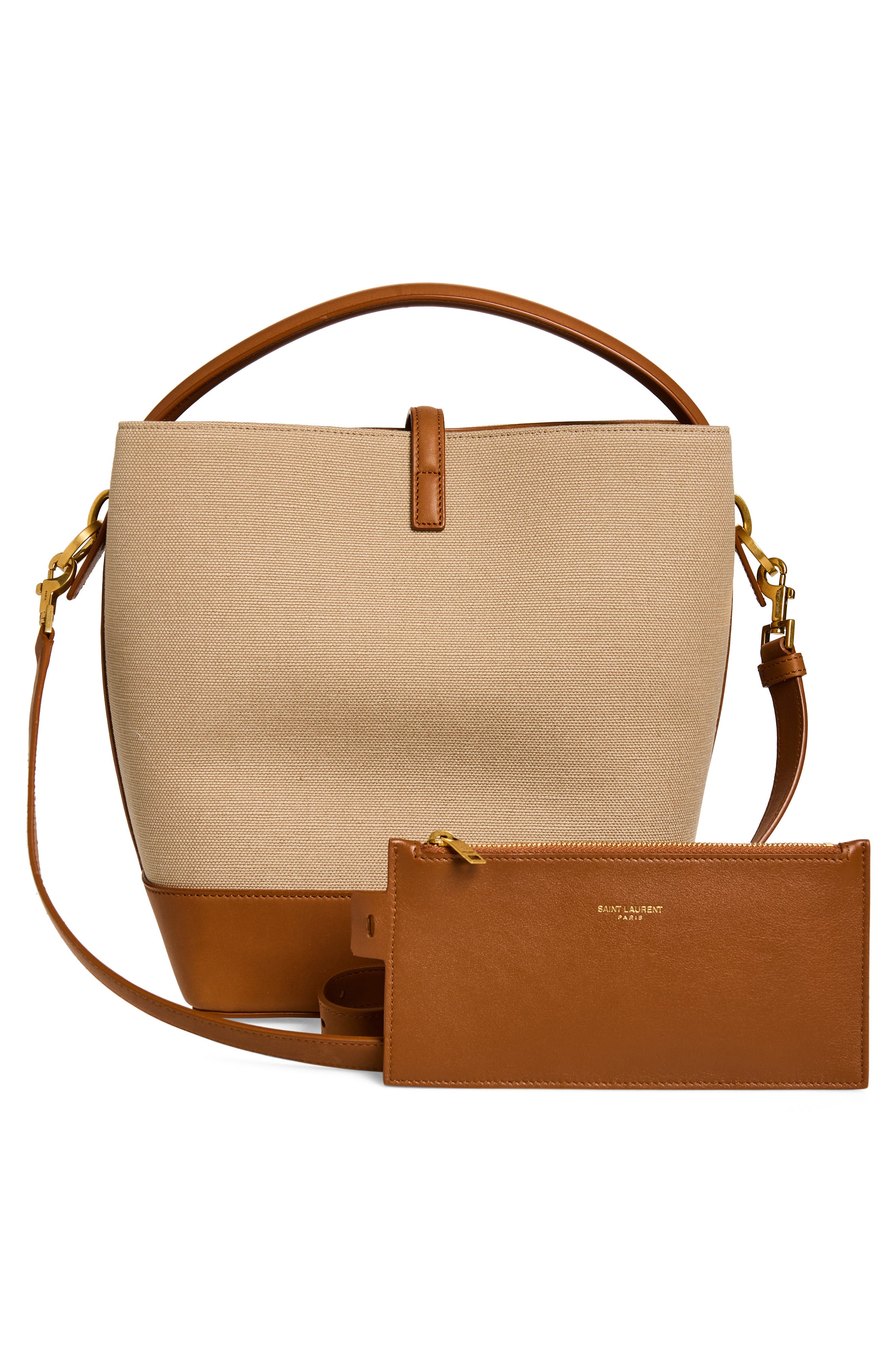 Saint Laurent Le 37 Canvas & Leather Bucket Bag, Alternate, color, Desert Dust/ Brick
