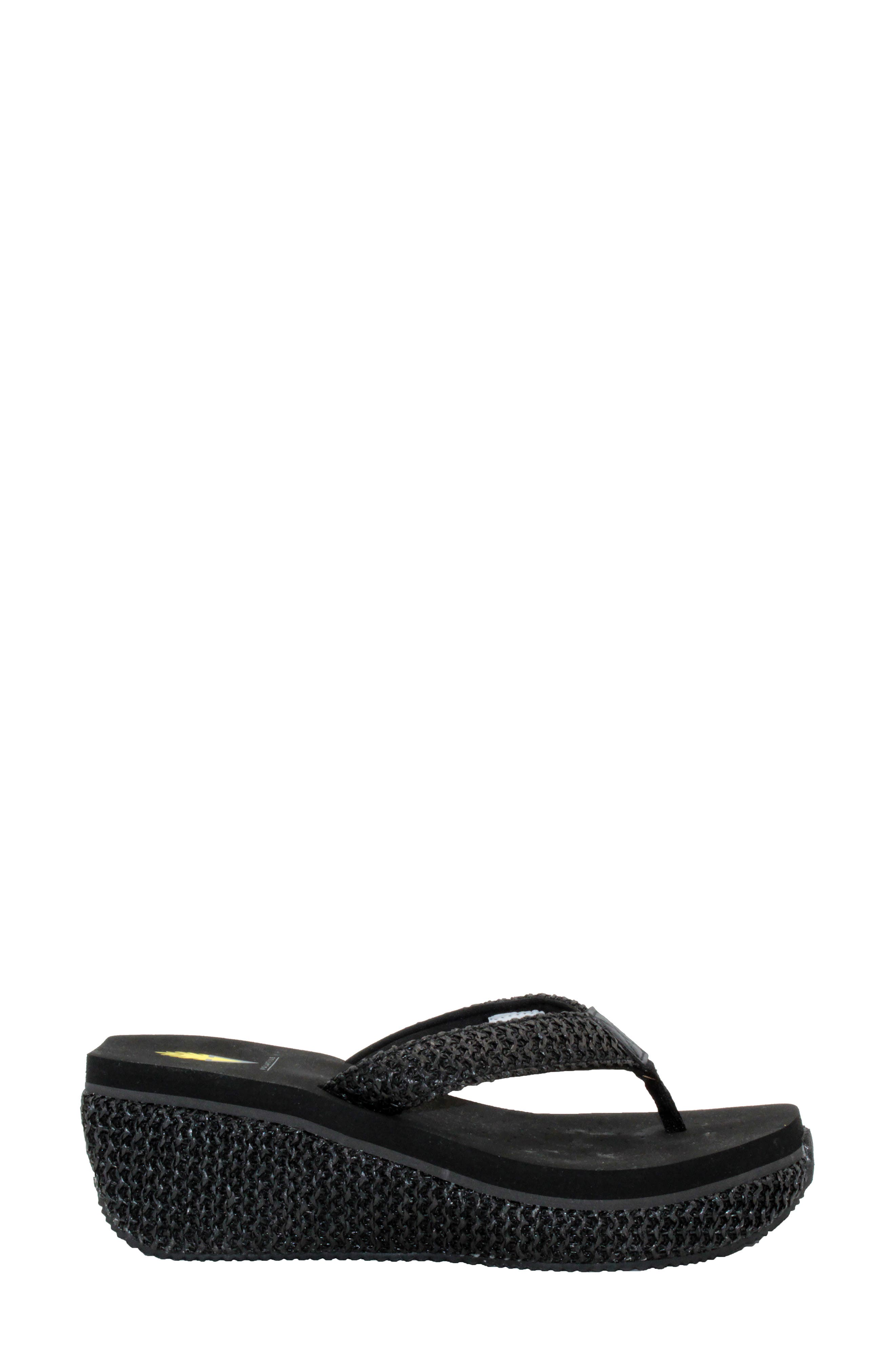 Volatile Island Platform Flip Flop, Alternate, color, Black Raffia Fabric