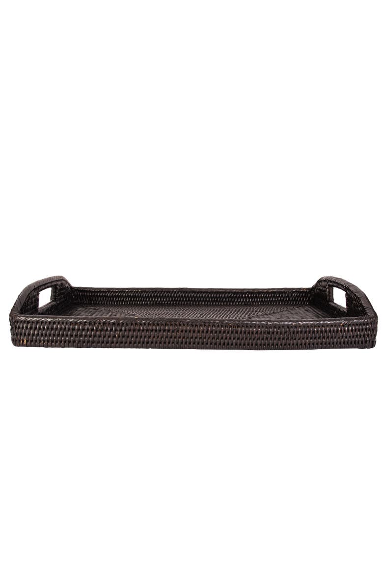 Rectangular Rattan Serving Tray with High Handles, Alternate, color, Tudor Black