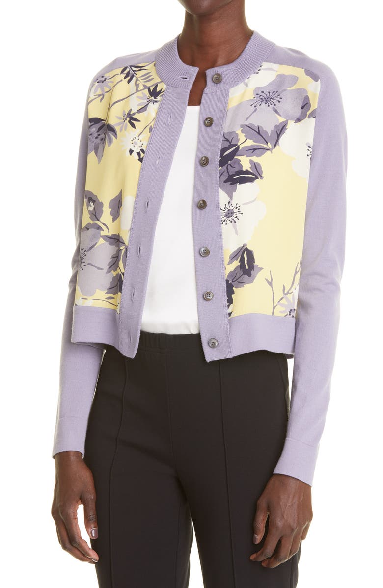 St. John Collection Floral Silk Panel Wool Cardigan, Alternate, color,
