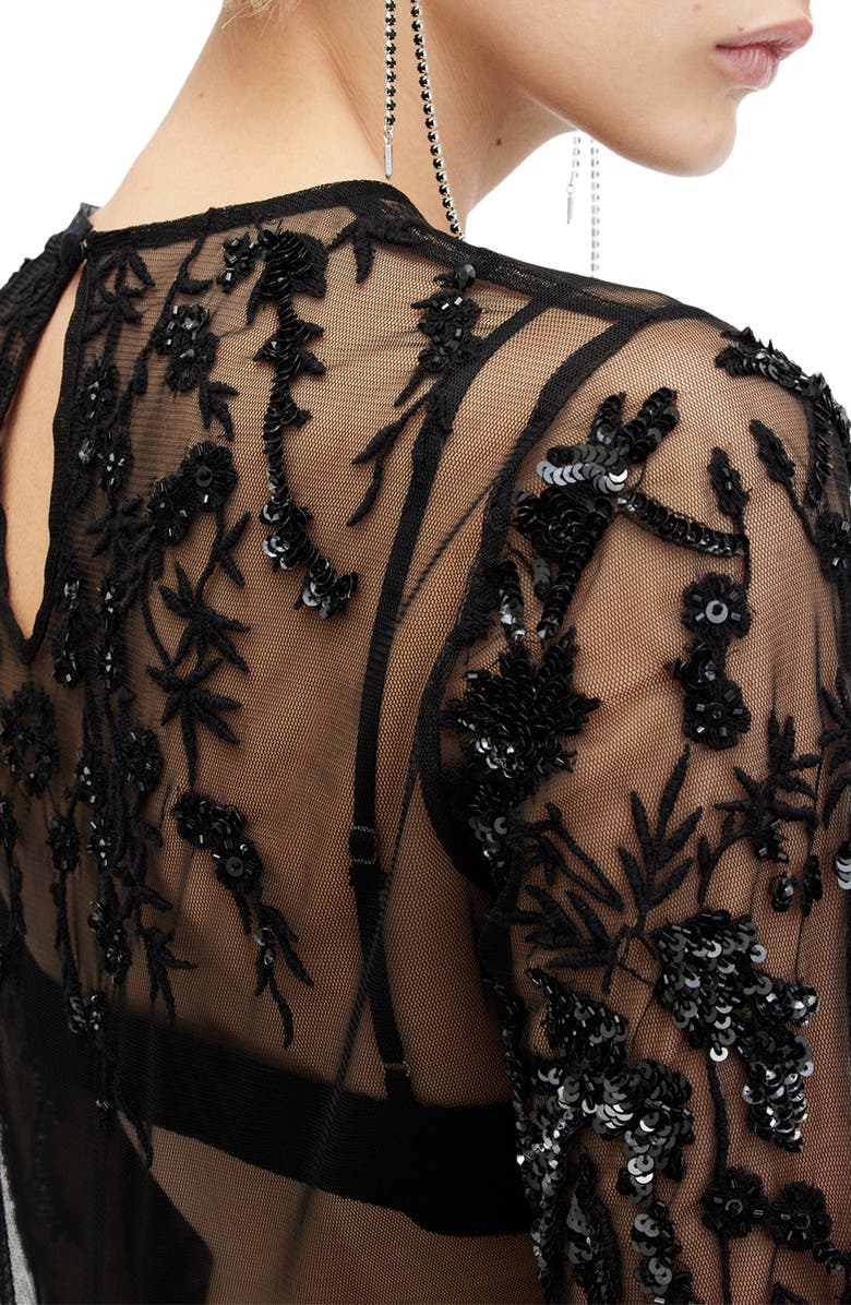 AllSaints Greta Sequin Embroidery Sheer Top, Alternate, color, Black