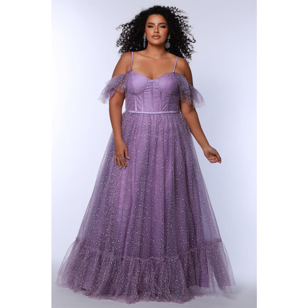 Sydney's Closet V-neckline Flutter Sleeve Slim A-line Plus Size Gown In Lavender