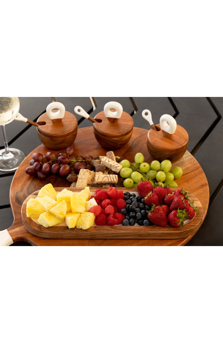 Jeanne Fitz Wood + White Collection Acacia Wood 3 Dipping Bowls with Charcuterie Utensils, Alternate, color, White, Brown