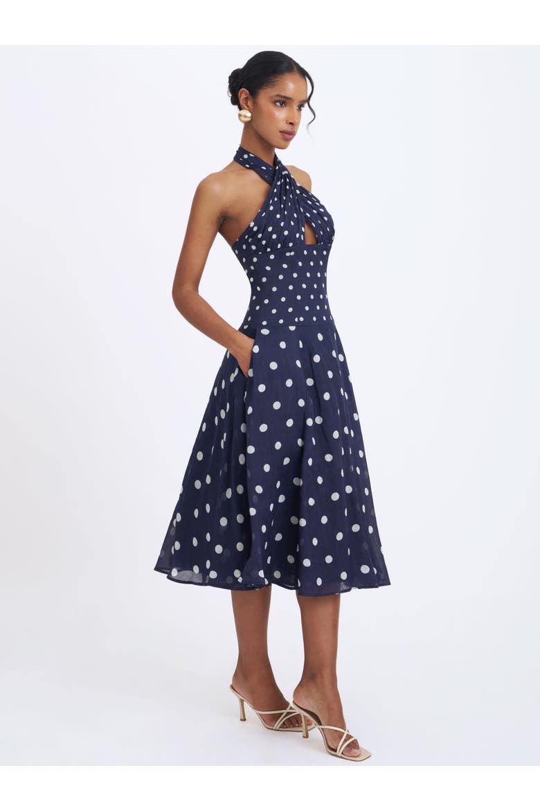 Nuri Polka Dot Ramie Crossover Halter A-Line Midi Dress, Alternate, color, Navy