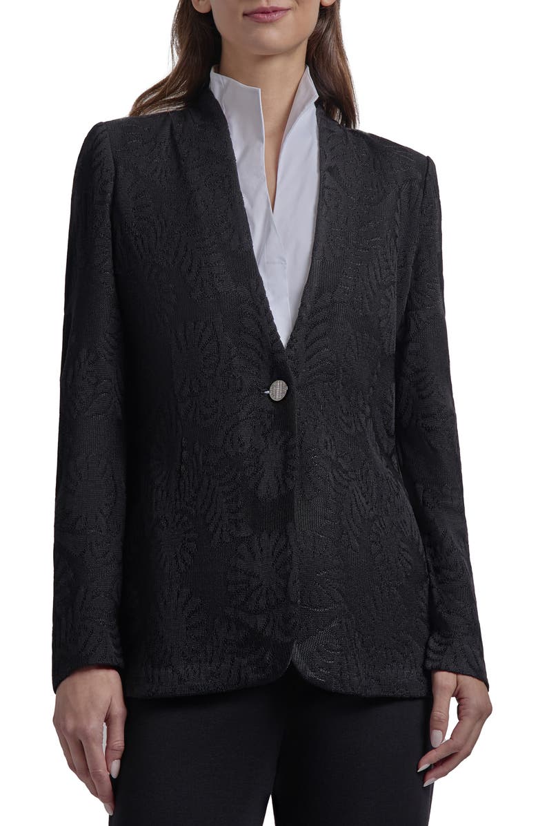 Misook Heritage Fit One-Button Jacquard Knit Jacket, Main, color, Black