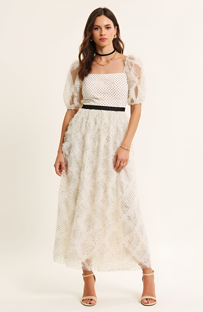 Modenaire Embroidered Puff Sleeve Square-Neck Midi Dress, Main, color, Ivory