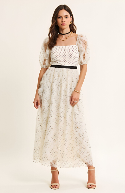 Embroidered Puff Sleeve Square-Neck Midi Dress