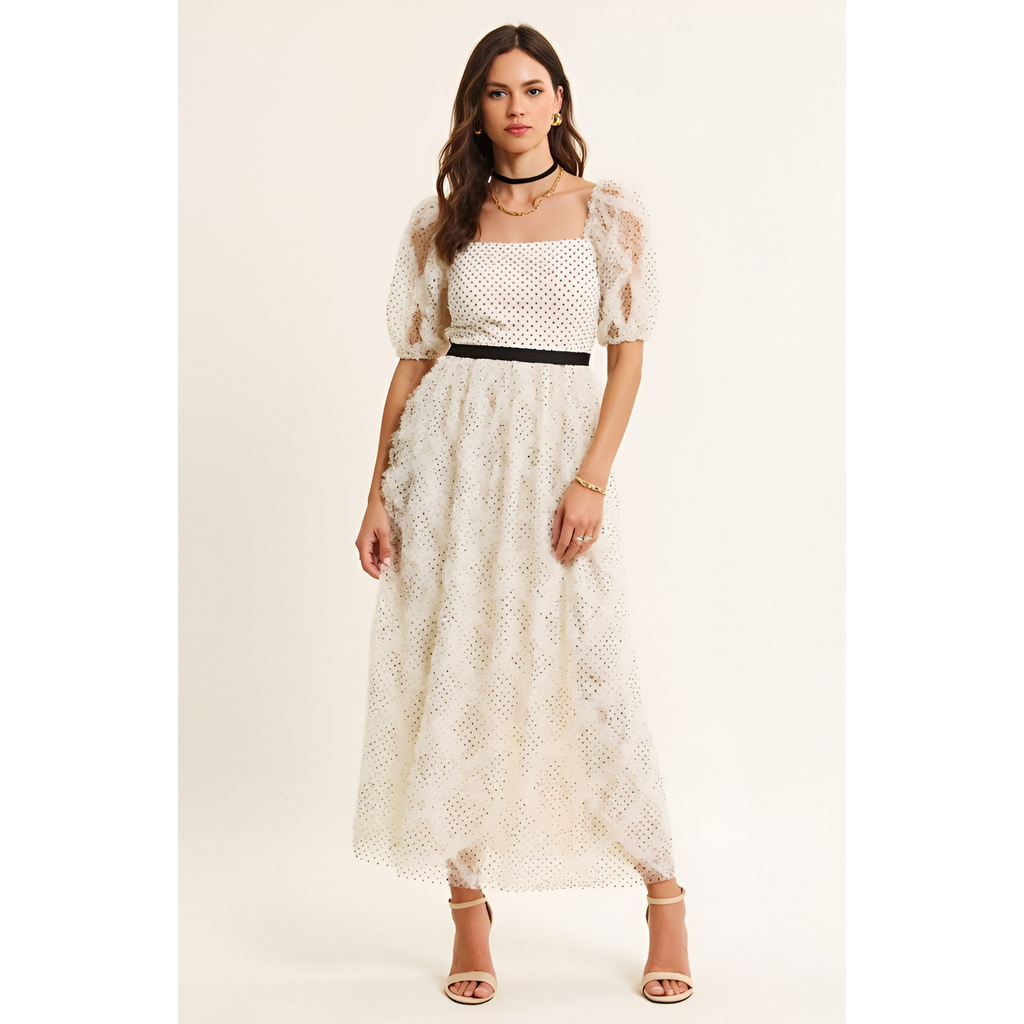 Modenaire Embroidered Puff Sleeve Square-neck Midi Dress In White