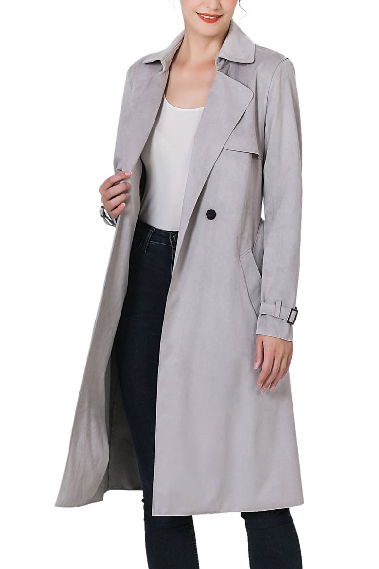 Women's Aria Long Faux Suede Trench Coat, Alternate, color, Gray